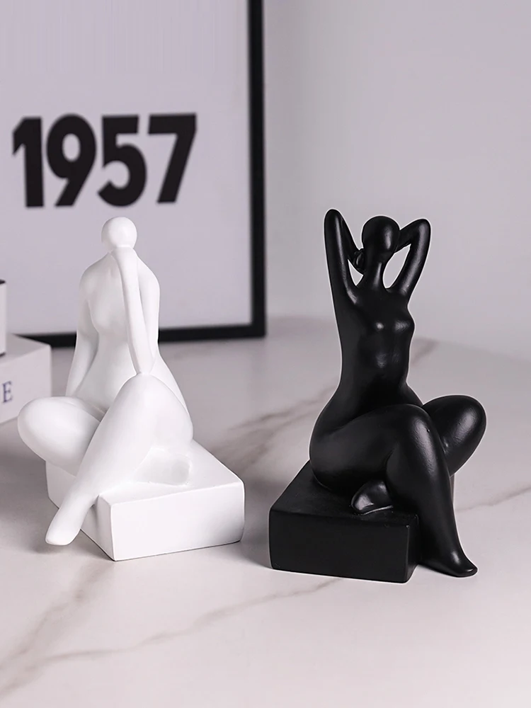 Resin Figure Sculpture Bookstop Pair Black and White Abstract Woman Ornament Home Body Crafts Desk Decoration Gift