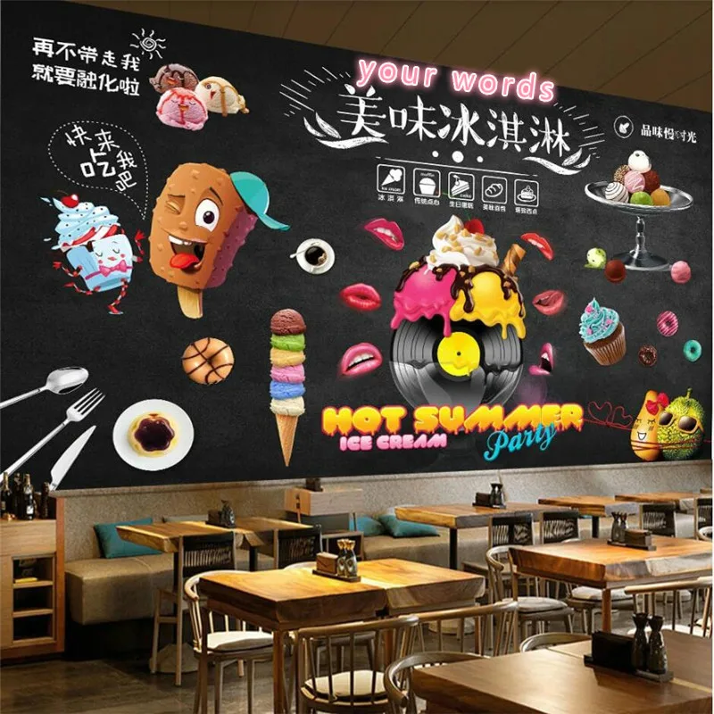 Blackboard Hand-painted Style Ice Cream Dessert Shop Industrial  Decor Background Mural Wallpaper 3D Baking Studio Wall Paper 3D