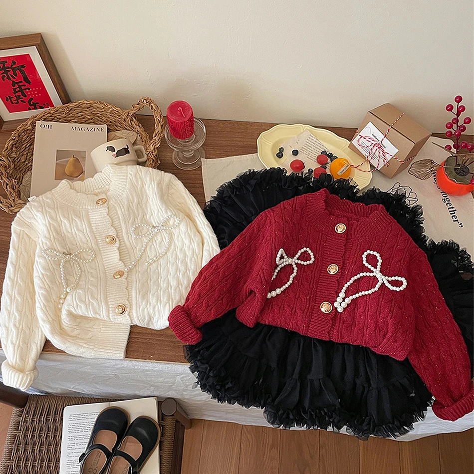 

Вязаный свитер для девочек, осень-зима, детский однотонный трикотаж с длинными рукавами, красный, белый кардиган, теплые модные топы, одежда