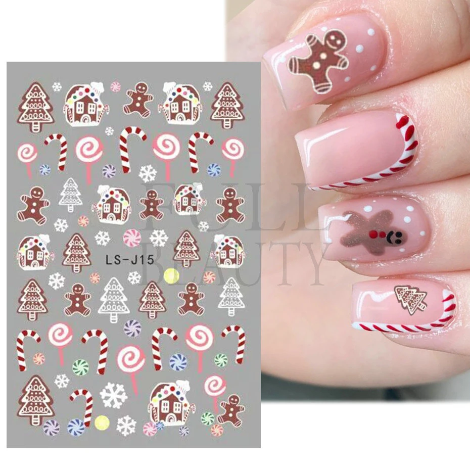 Adesivi per unghie di natale biscotti di pan di zenzero di natale cursori di foglie di agrifoglio inverno Snowy capodanno Santa Candy decalcomanie Manicure LS-J15