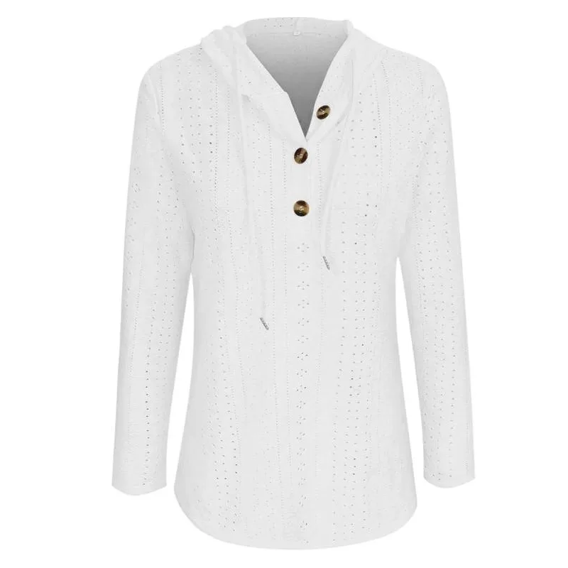 حجم كبير عارضة بلون المرأة هوديي العنصر بلون الخامس الرقبة مقنعين زر فضفاض طويل الأكمام هوديي أعلى للنساء ﻿