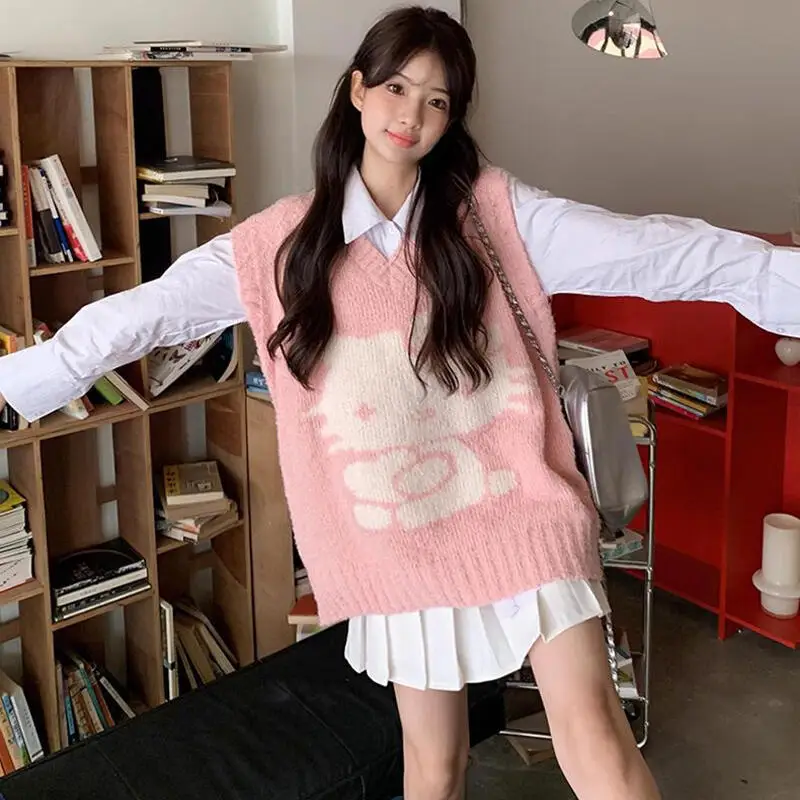 

Anime Women Knitted Shirt Vest Sweater Hello Kitty Sanrio Female Comfortable Spring Autumngirls Loose Cute Tops Pullover Sweater