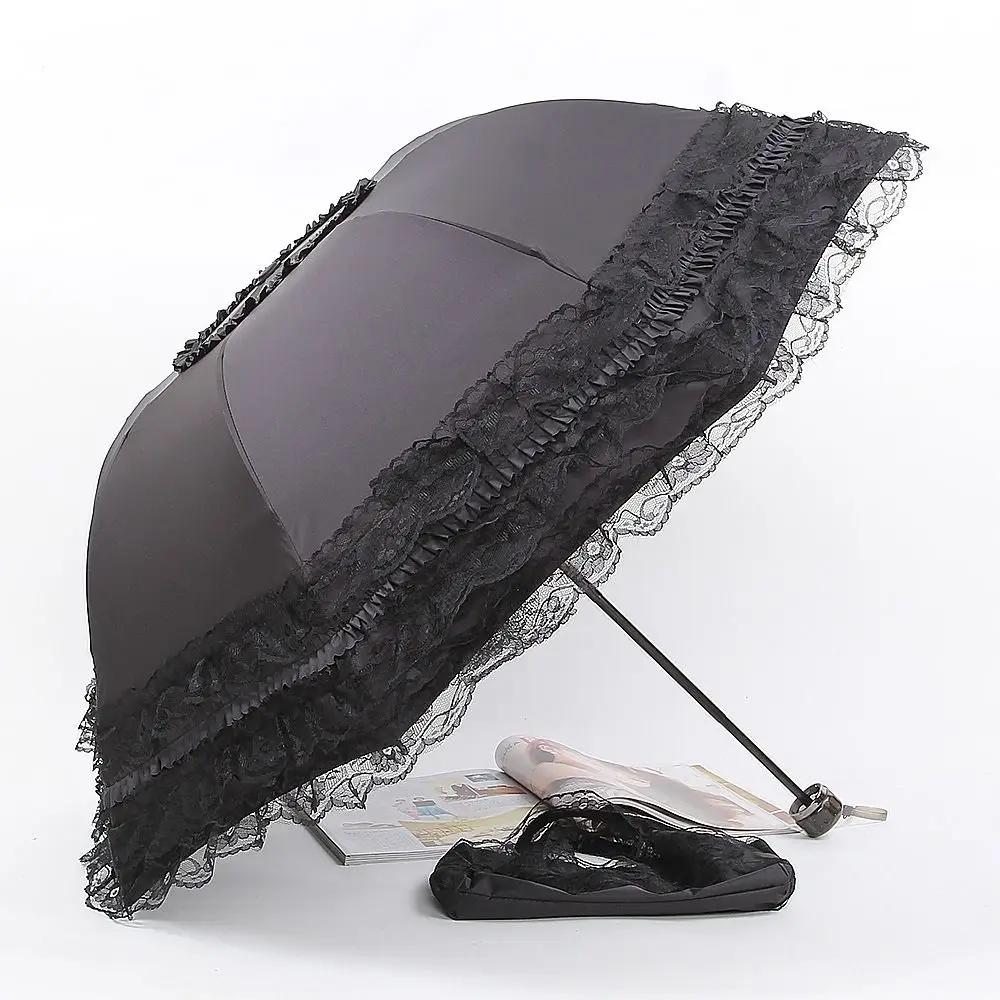 Fashion Lolita Lace Sun Umbrella Gothic Anti-UV Protection Portable Sunshade Windproof Black Glue Women's Parasol Princess