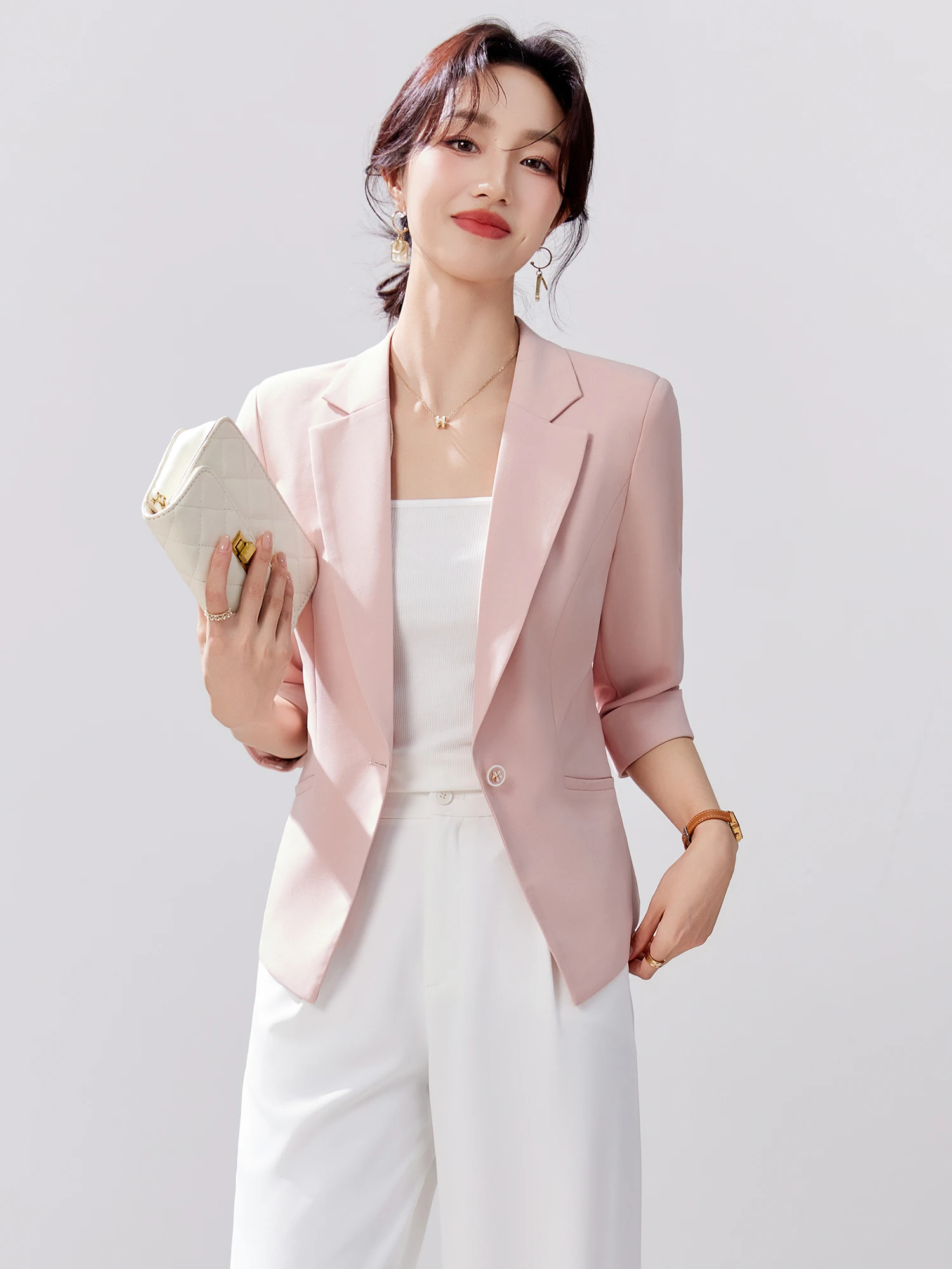 Pink Suit Jacket Women's Commute Slimming Waistcoat Seven-Sleeve Standard Fit Polyester Fiber Anti-Wrinkle round Hemline
