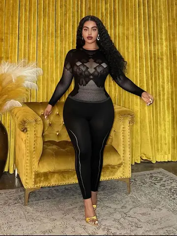Women Sets Fishnet Bodystocking Long Sleeve Hollow Out Mesh Catsuit Festival Outfit Full Body Stocking Stretch Clubwear Bodysuit
