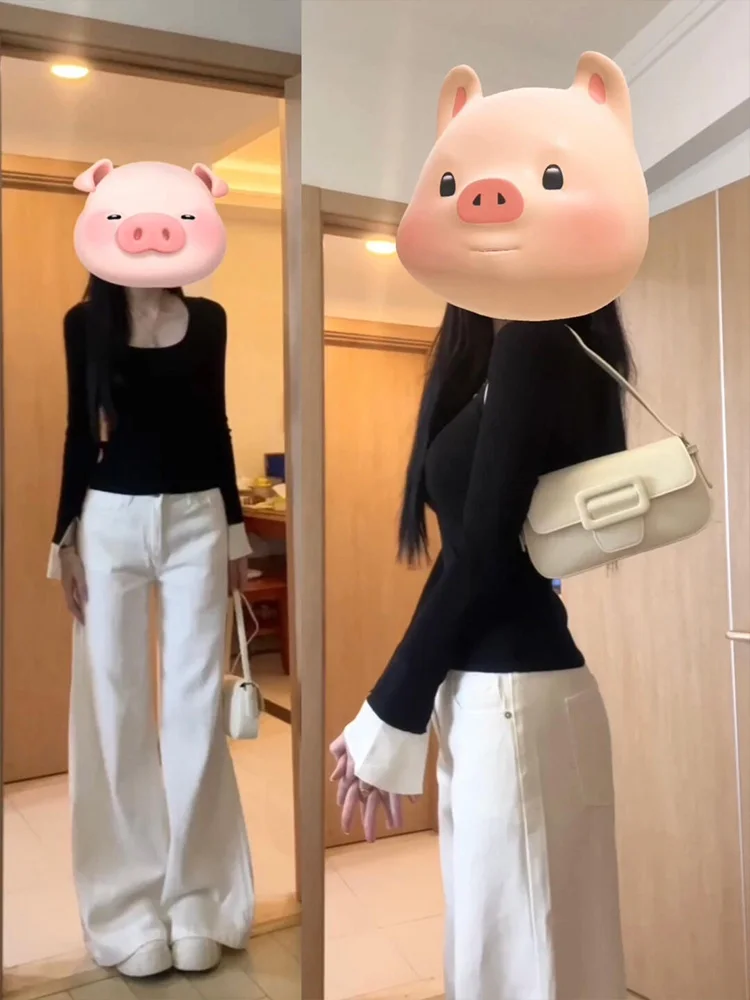 

Bla Square Collar Splice Long Sve T-irt Women's Spring Autumn Slimming Design Sense New Sle Cotton Polyester Blend