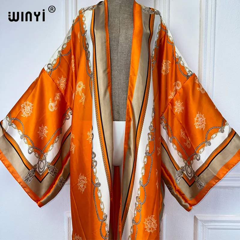 WINYI-Boêmia Feminina Estampa de Manga Longa Quimono Cardigan, Caftan Feminino, Abaya, Roupas de Praia, Cobrir, Boho Vestido Maxi, Verão