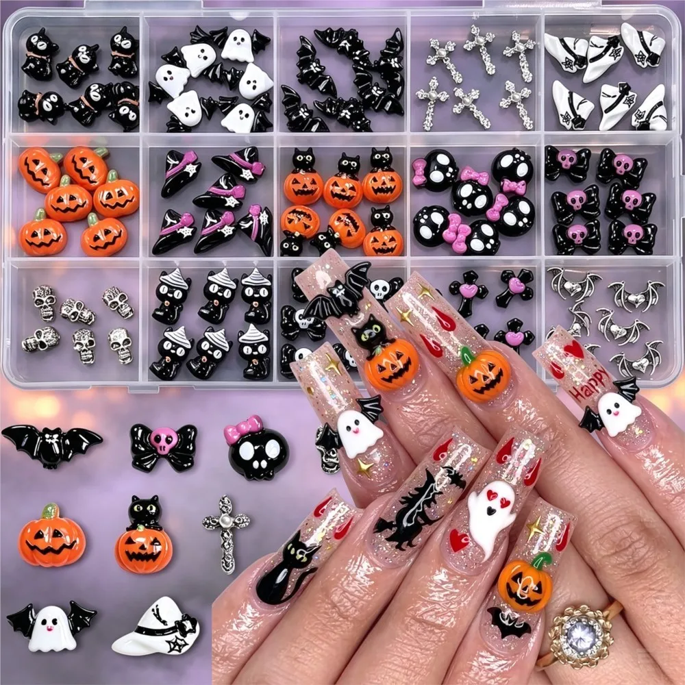 15grid/90pcs 3D Cute Halloween Pumpkin/Skull/Ghost/Cross Nail Gems Black Cat Bow Bat Nail Charms Resin Flatback Halloween Nails