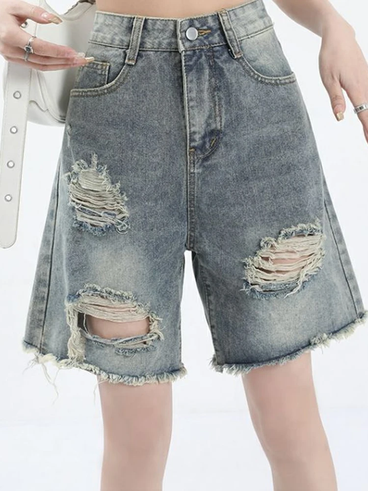 

Summer Woman High Waist American Retro Denim Capris Pants Girls High Street Ripped Jeans Female Retro Blue Hip Hop A Line Shorts