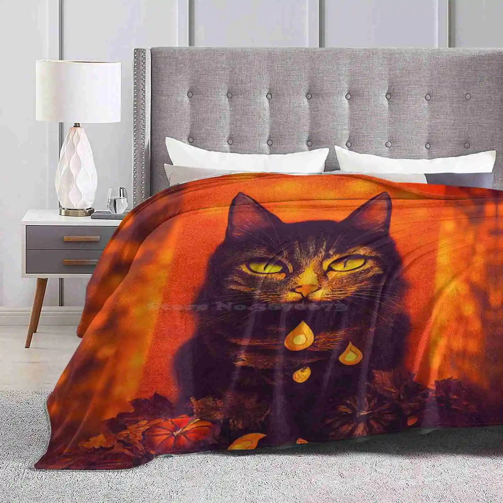 Halloween Cat Latest Super Soft Warm Light Thin Blanket Halloween Cat Gatto Pumpkins Dark Gothic Horror Creepy Orange Flames