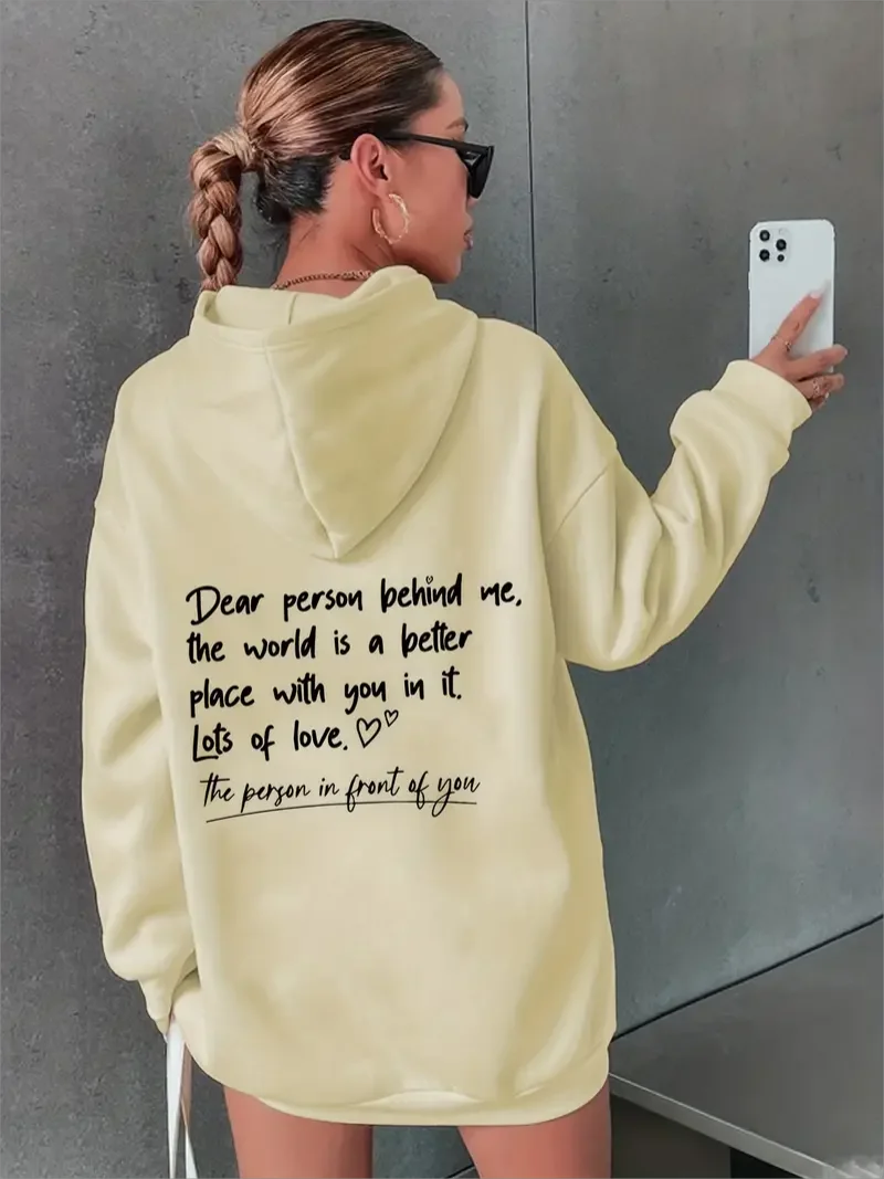 Dear Person Behind Me Letter Print Simple Hoodie, Casual Drawstring Kangaroo Pocket Hoodies Sweatshirt, Women\'s Clothing