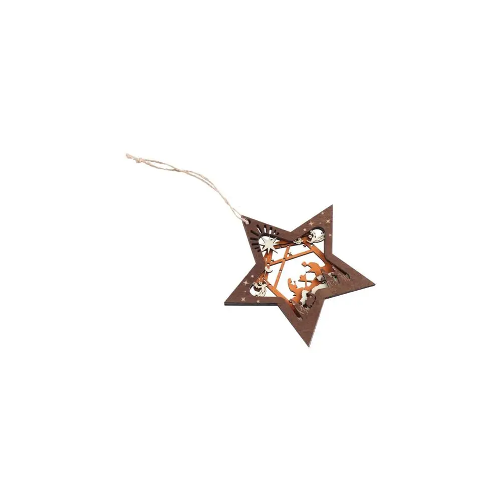 Traditional Wooden Nativity Scene Star Ornaments Hollow Hanging Nativity Scene Pendants Star Shaped Christmas Tree Ornament Home