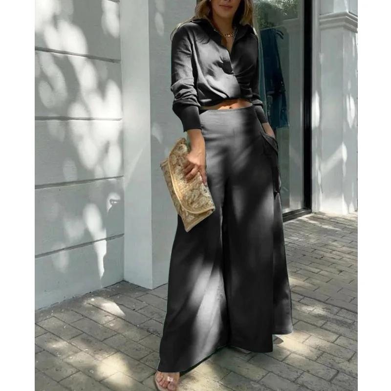 Women Shirt Two Piece Set Solid Color Elegant Spring Summer Fashion Long Sleeve Shirt + Wide Leg Pants Office Ladies Female Suit