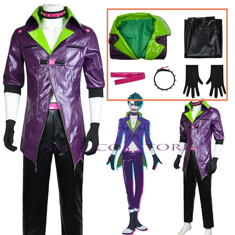 Palhaço 2 cosplay traje anime duas pessoas ir louco traje casaco roxo engraçado cavaleiro uniforme conjunto roupa de festa de halloween para homem