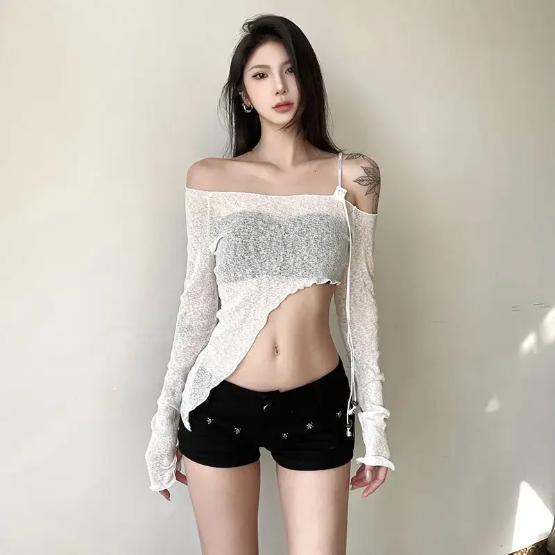 الأمريكية الساخنة فتاة غير المتماثلة تنوعا تي شيرت الإناث المنحدرة الكتف تصميم Y2k خمر مثير منظور التخسيس الأعلى #2