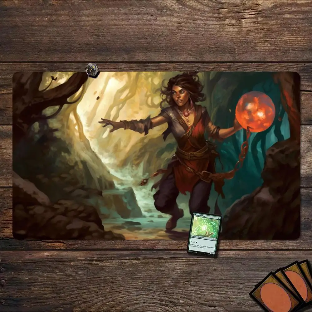 Grove Fire Mage TCG Playmat 35X60CM Forest Sorceress Magic Card Battle Mat Non-Slip Durable Stitched Edge Tabletop TCG Playmat