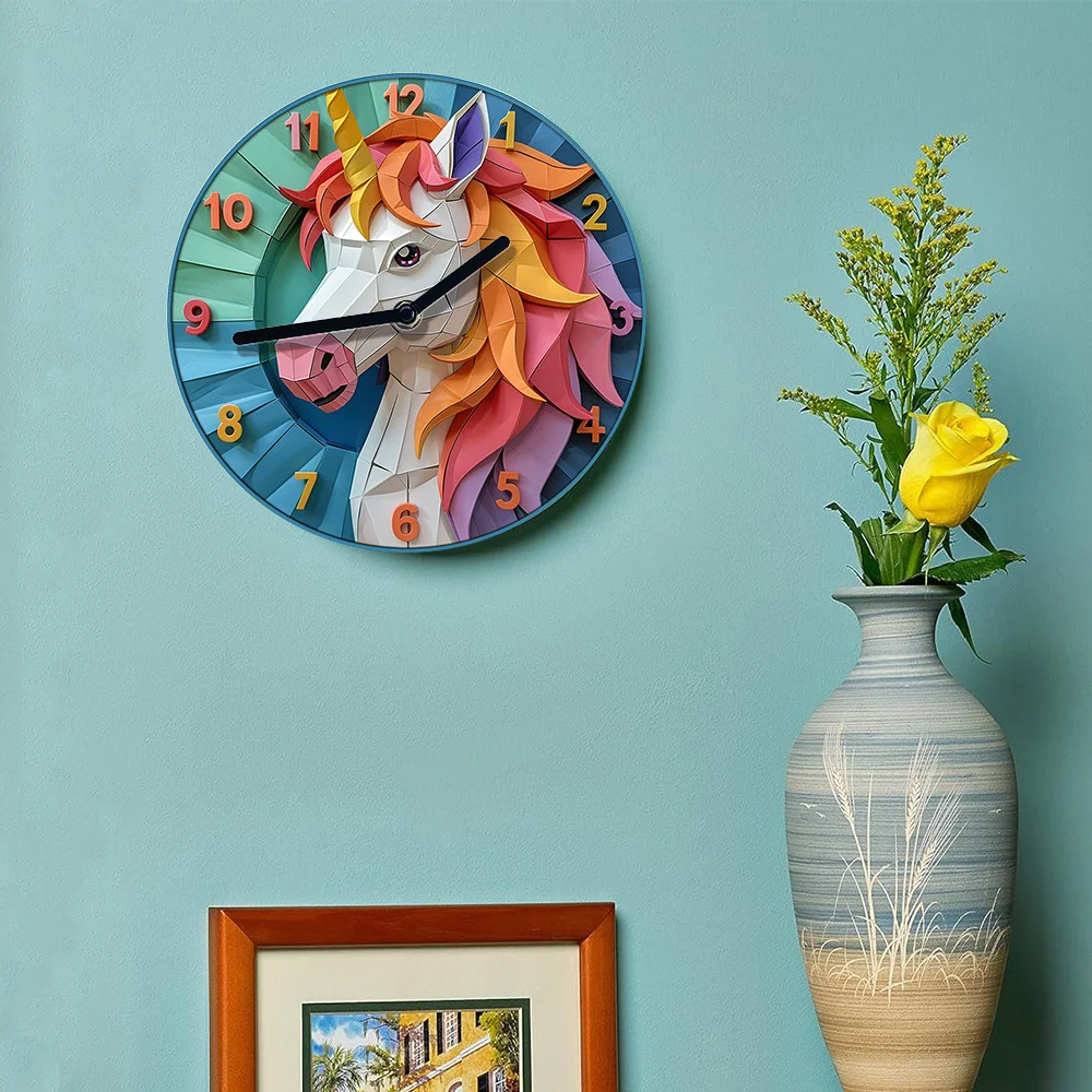 Unicorn Wall Clock DIY Kit - Silent Aluminum Metal Clock with 2D Visual Effect - Artistic Unicorn Theme Home Decor with 3 Hand