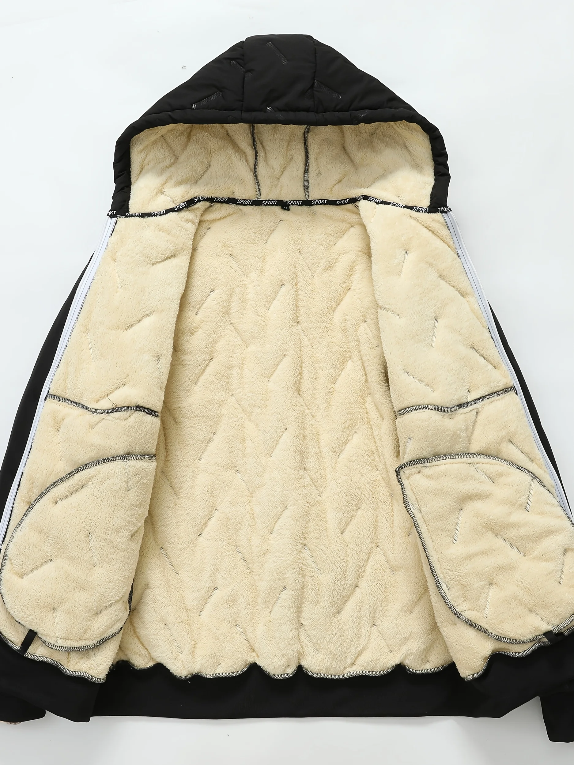 سترة صوفية سوداء بغطاء للرأس للرجال مع إغلاق بسحاب كامل وجيب بسحاب كامل الطول - معطف شتوي دافئ من البوليستر بنسبة 100%