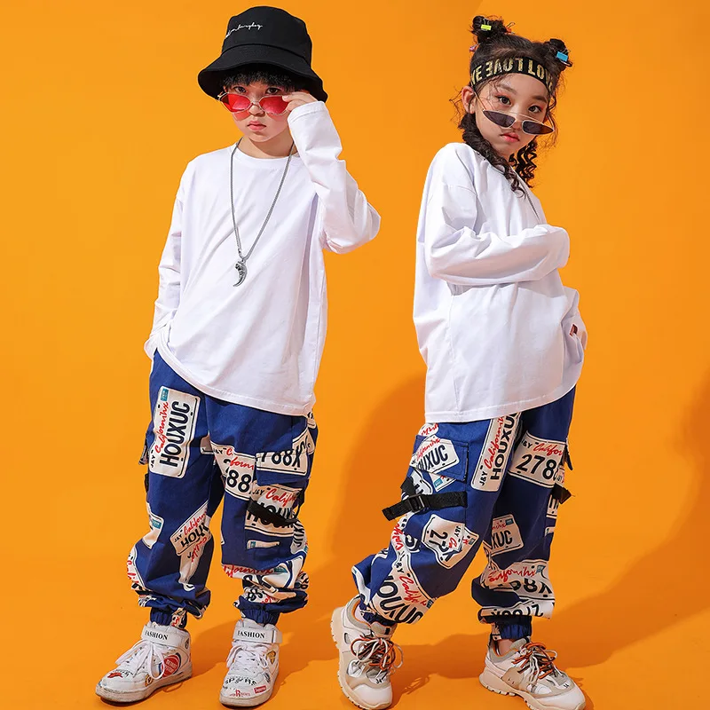 Kid Hip Hop Clothing Pure White Long Sleeve T Shirt Top Print Street Cargo Jogger Pants for Girl Boy Jazz Dance Costume Clothes