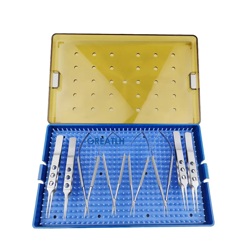 

Stainless Steel Micro Scissors Toothless Forceps Micro Scissors Sterilization Tray Box Ophthalmic Surgical Instrument 8pcs/set