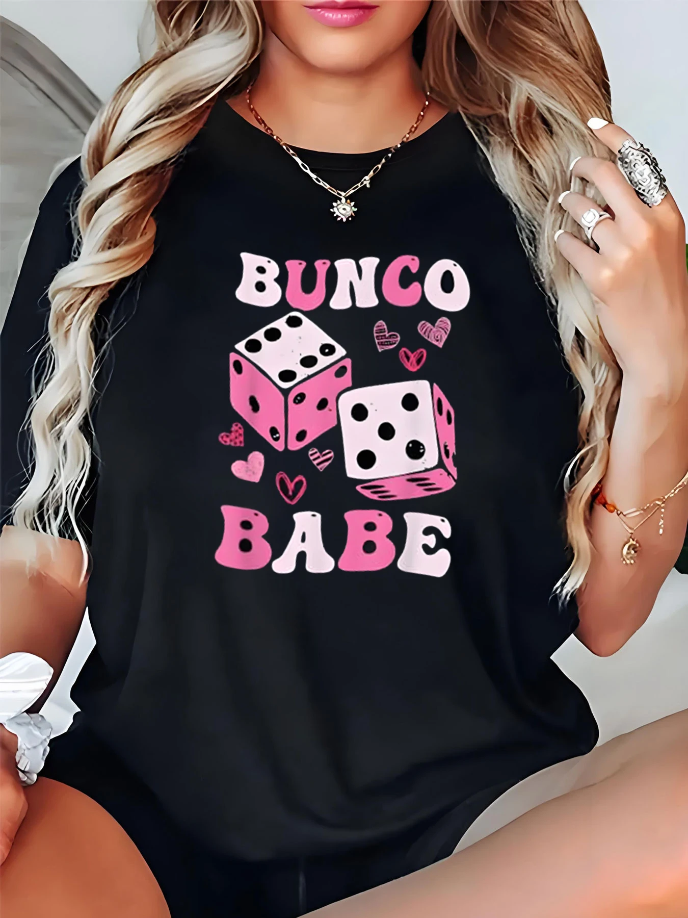 Women's Bunco Babe Dice Print T-Shirt for Game Night Party Fun