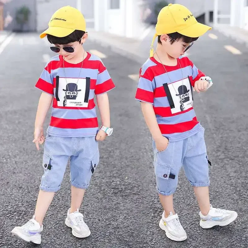 Summer Boys Clothing 2024 Kids Clothes Stripe Cotton T-shirt+Jeans Pant Boy Sets Infant Newborn Clothing 3 4 5 6 7 8 10 12 Years