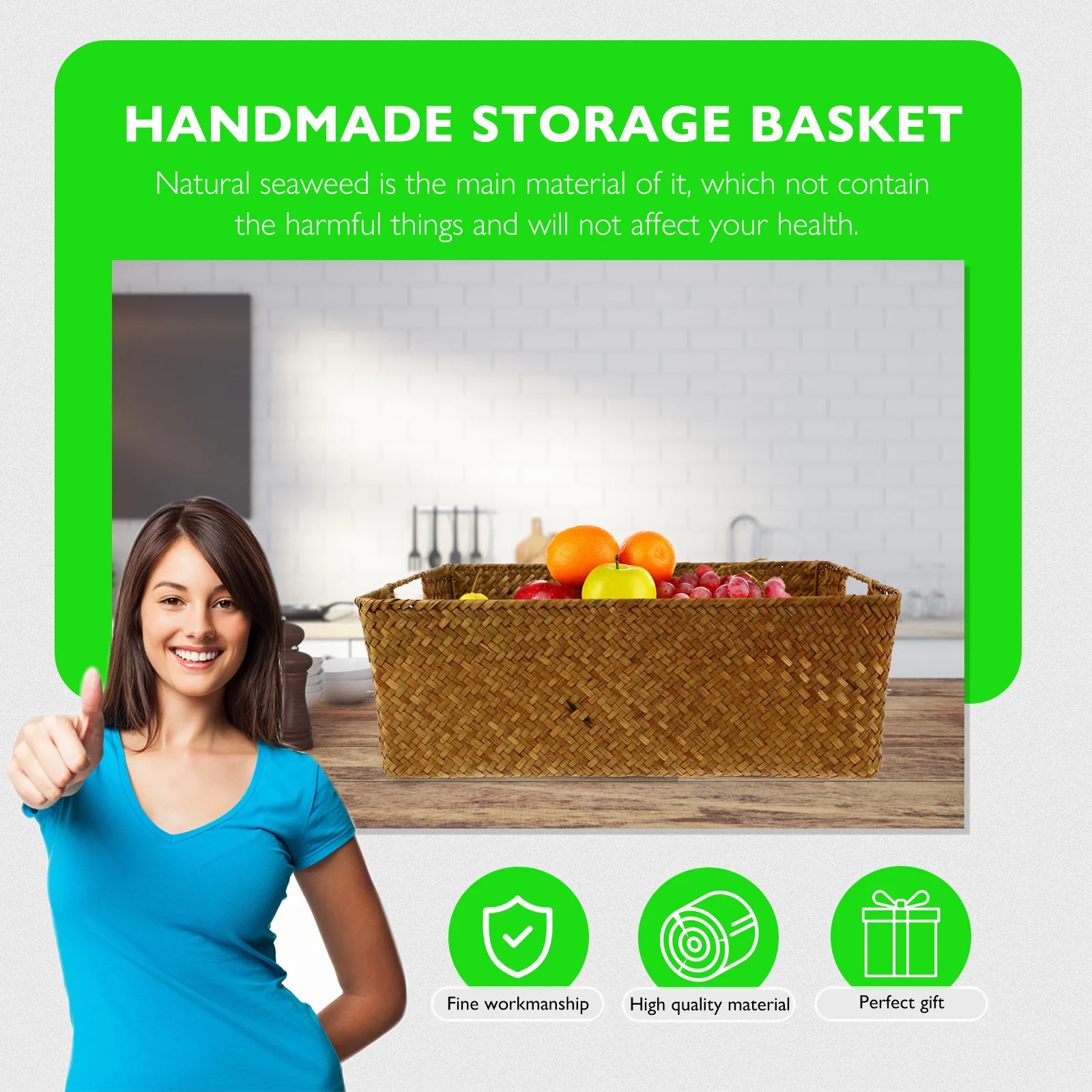 

1Pcs Natural Seaweed Woven Basket Rectangular Handmade Storage Bin for Home Organization Multifunctional Room Decorative Box