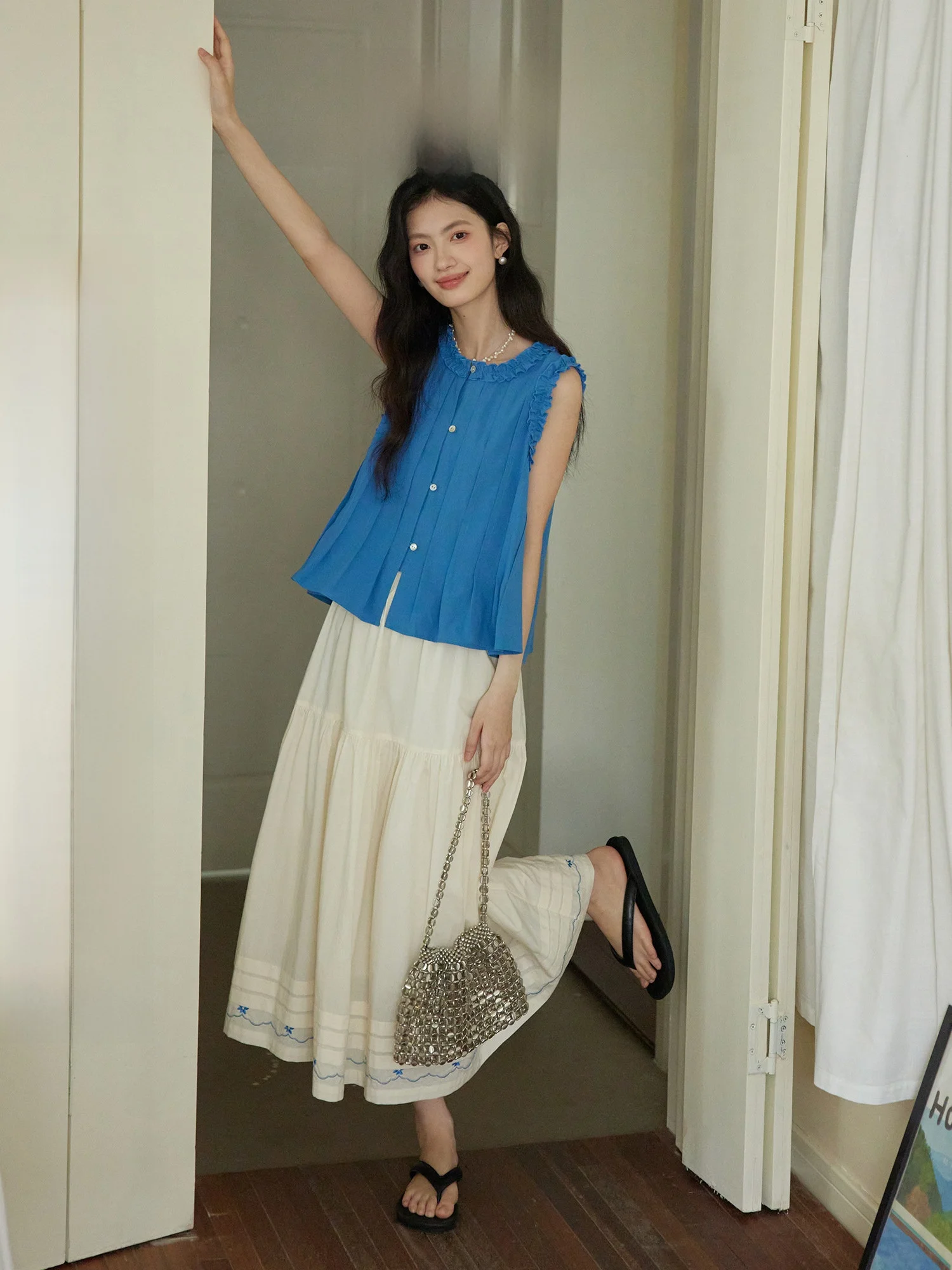 

ORWhite Vintage Wood ain Patchwork Vest irt Women's Commuter Versatile Sle Cotton Svel round Ne irt