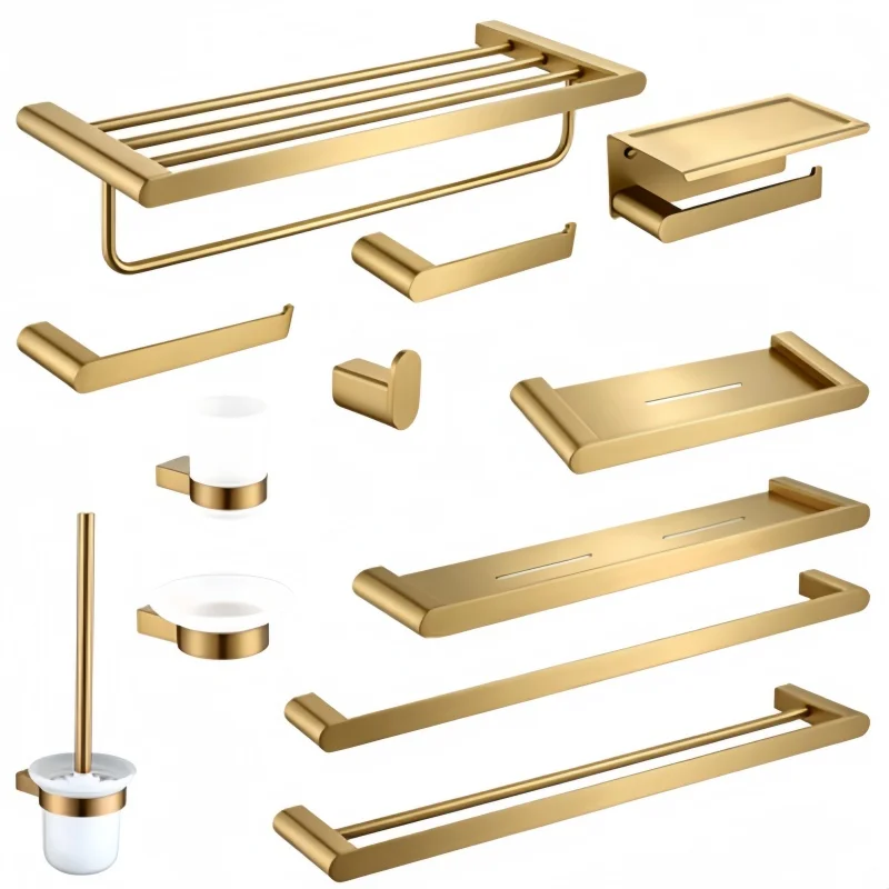 Gebürsteter Goldener Edelstahl-Handtuchhalter, Handtuchstange, Toilettenpapierhalter, Handtuchring, Seifenschale, Aufbewahrungsregal, Badezimmer-Accessoires