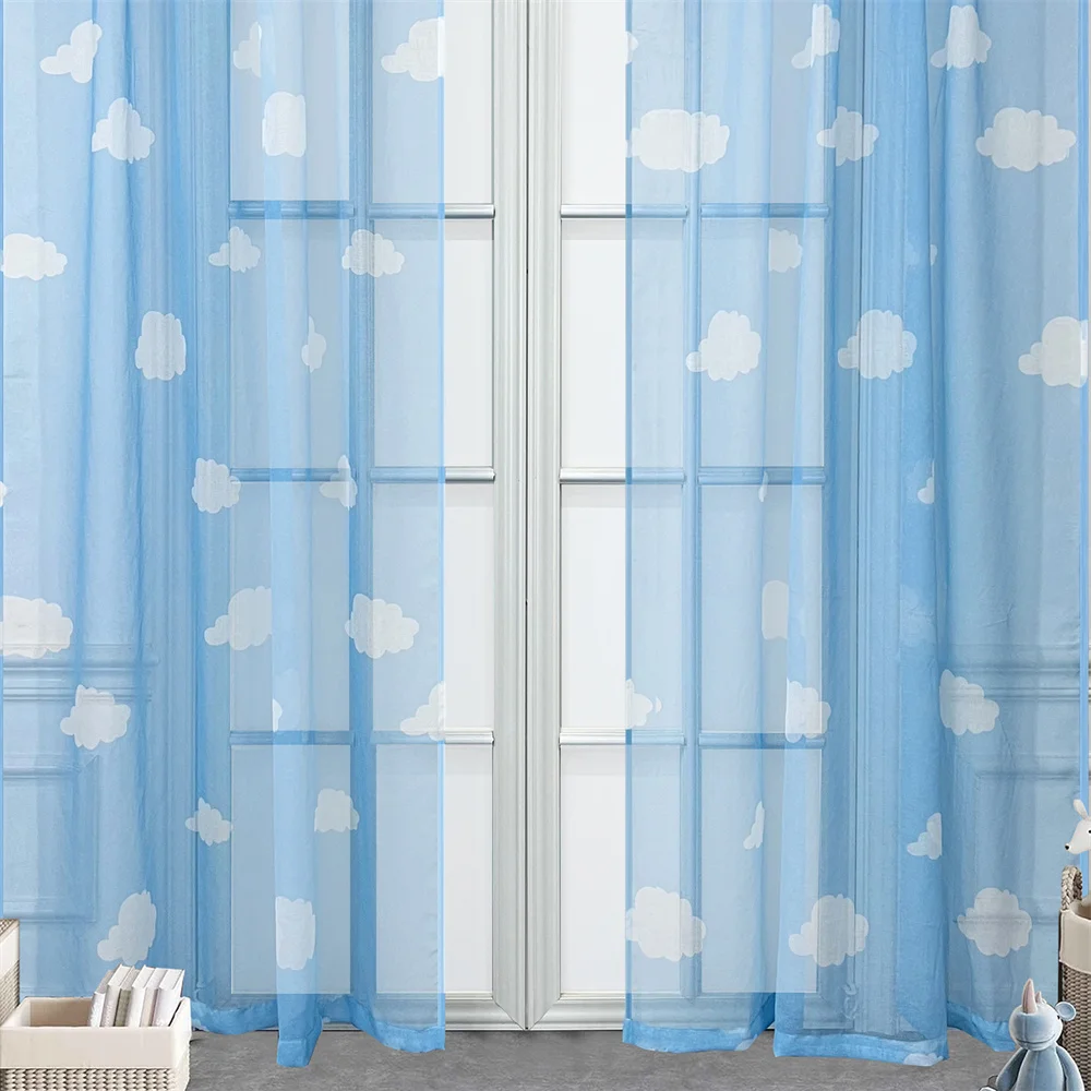 Blue Semi Sheer Curtains Clouds Printed Window Panels for Bedroom Living room Light Filtering Voile Kids Room Decor