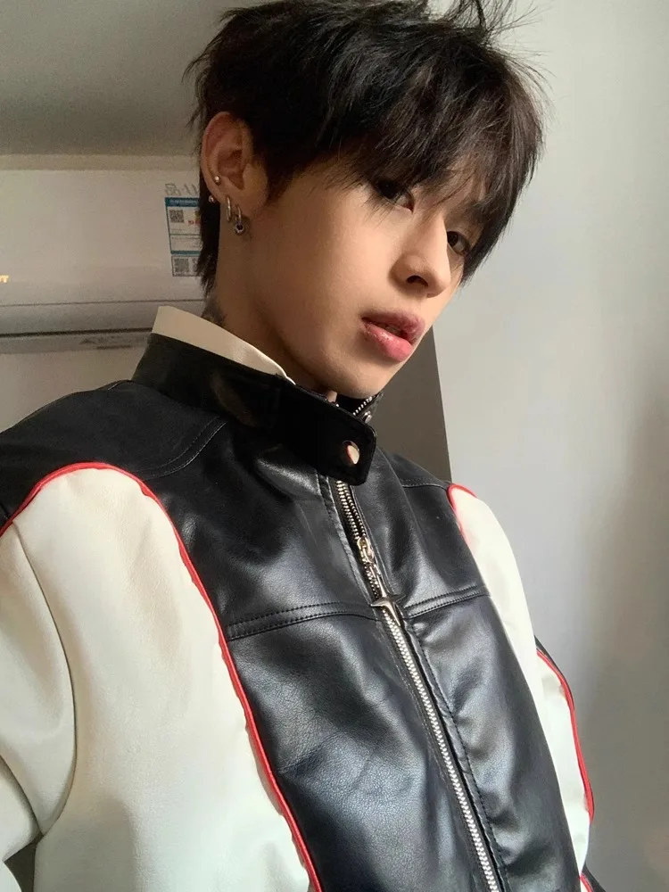 American Style Color Matching High-End Motorcycle Jackets Men 2025 Autumn New Loose Fit Stylish Coats Trendy PU Leather Jackets