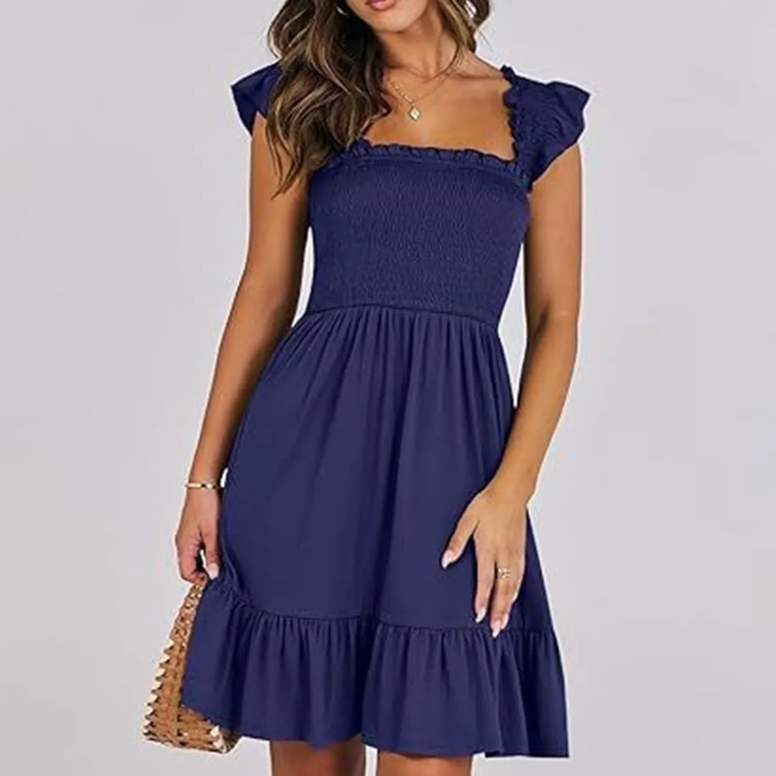 Solid Color Pleated Smocked Ruffles Dress Women Summer Elegant Square Collar V Neck Short Sleeve Dress Office Party A Line Dress