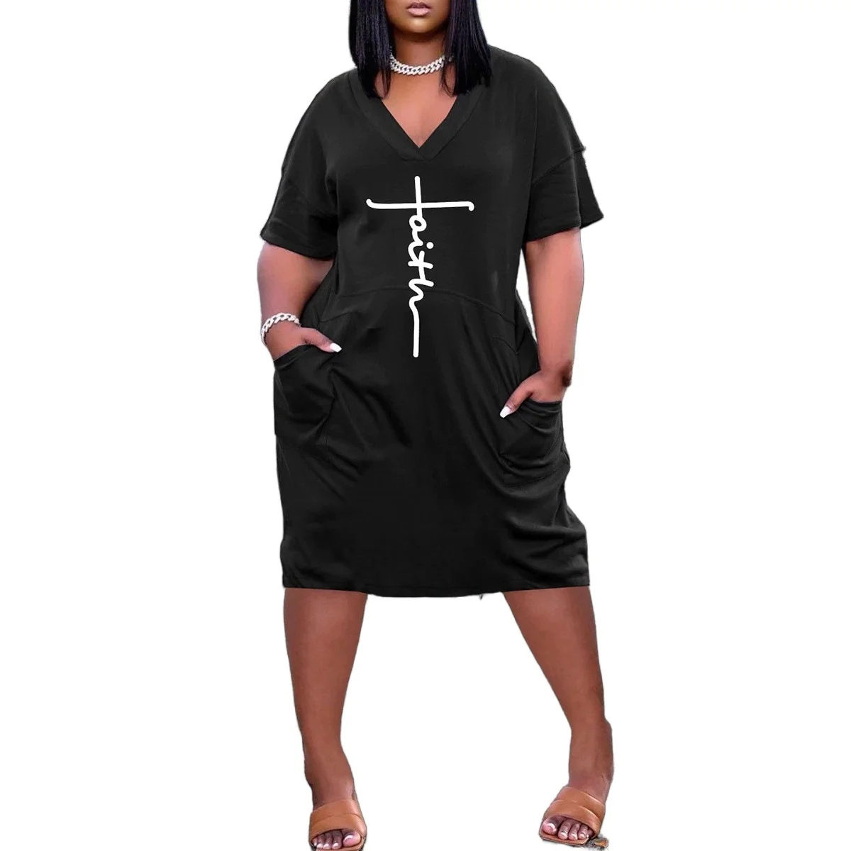 

New 207 Large Size Women's Casual V-neck 3D Print Outdoor Fashion Dress Mid-sleeve A-line Skirt Polyester Fiber Dress