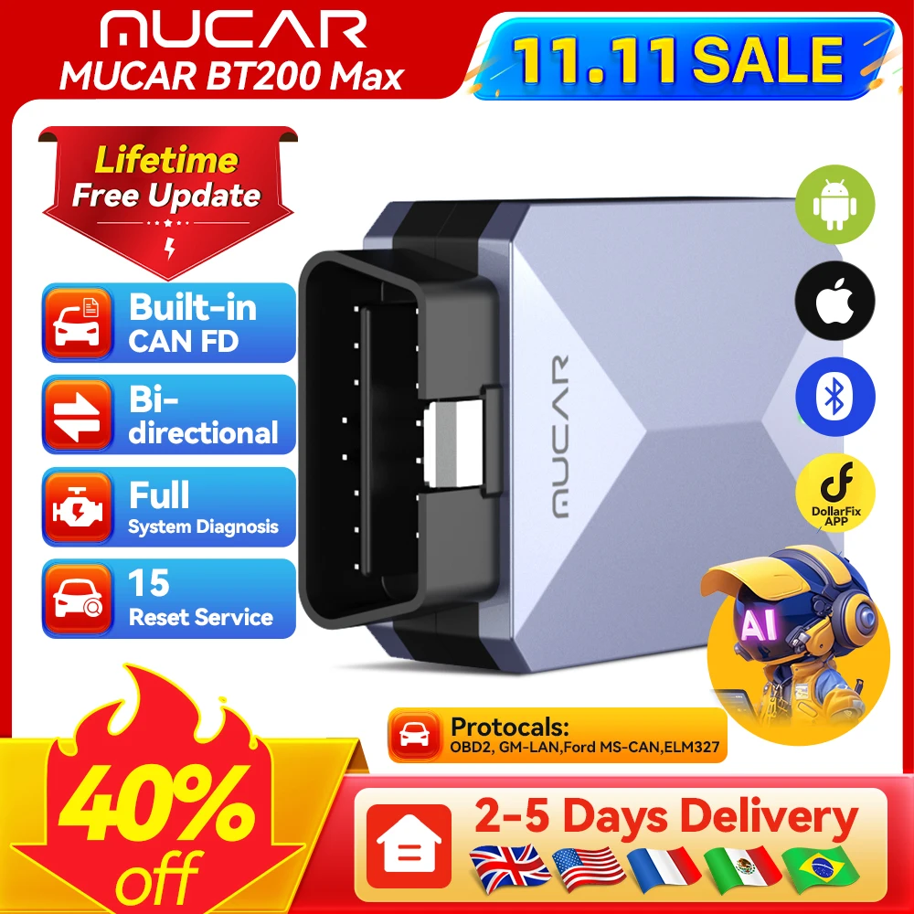 MUCAR BT200 Max Car OBD2 Diagnostic Tool All System Diagnosis Bi-directional Scanner ELM 327 CANFD15 Reset Lifetime Free Update