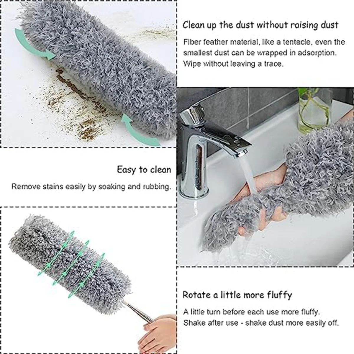 4Pcs Microfiber Duster Kit with Extension Pole 30-110 Inches for High Ceiling for Cleaning Cobweb, Blinds, Furniture,Car