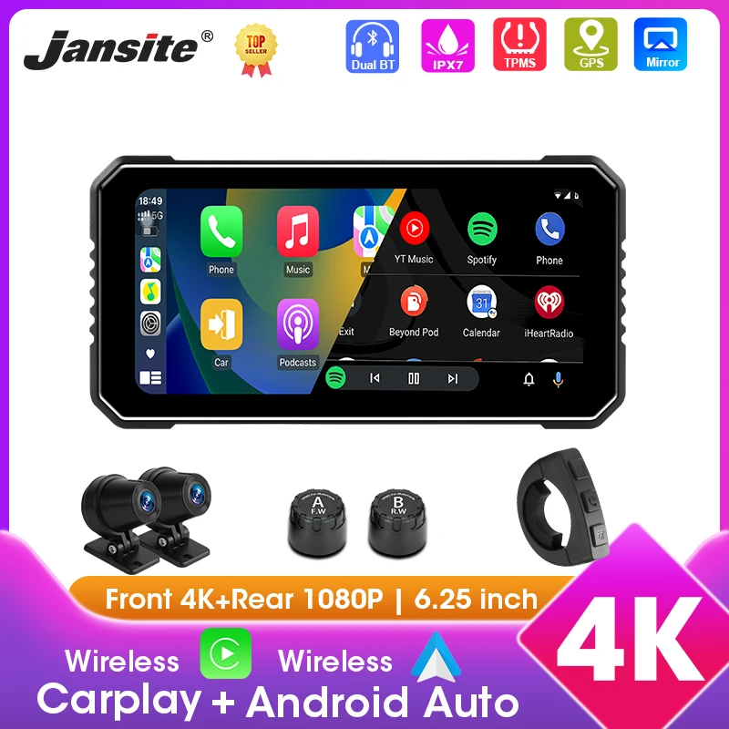 6.25 Inch 4K+1080P DVR Motorcycle GPS Navigation Wireless CarPlay Android Auto IPX7 Waterproof Screen Bluetooth Dual Lens Moto