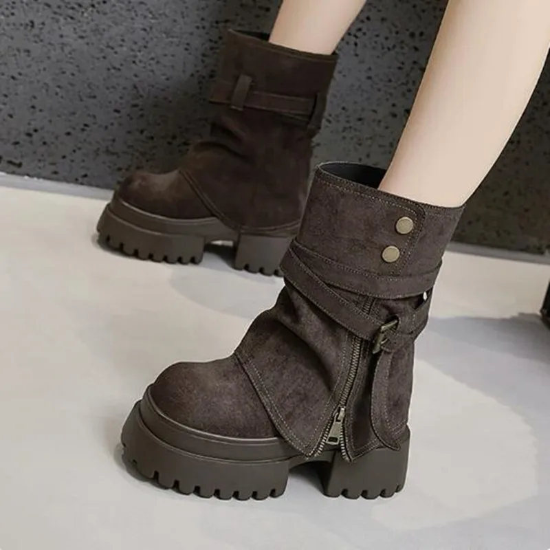 

Fashion 10CM Suede Genuine Leather Spring Platform Wedge Flat Women Autumn Winter British Motorcycle Detachable Ankle Boots Shoe