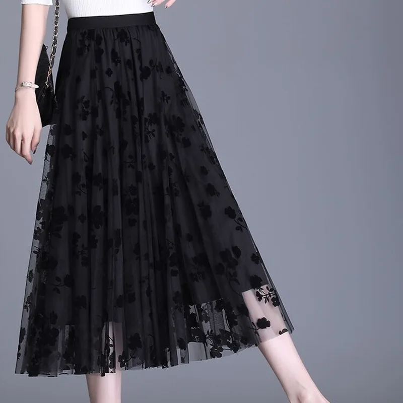 Tulle Skirts for Women Elastic Mid Waist Layered Floral Print Brown Skirt Mesh A- Line Midi Skirt Petticoat Skirts Tea-Length