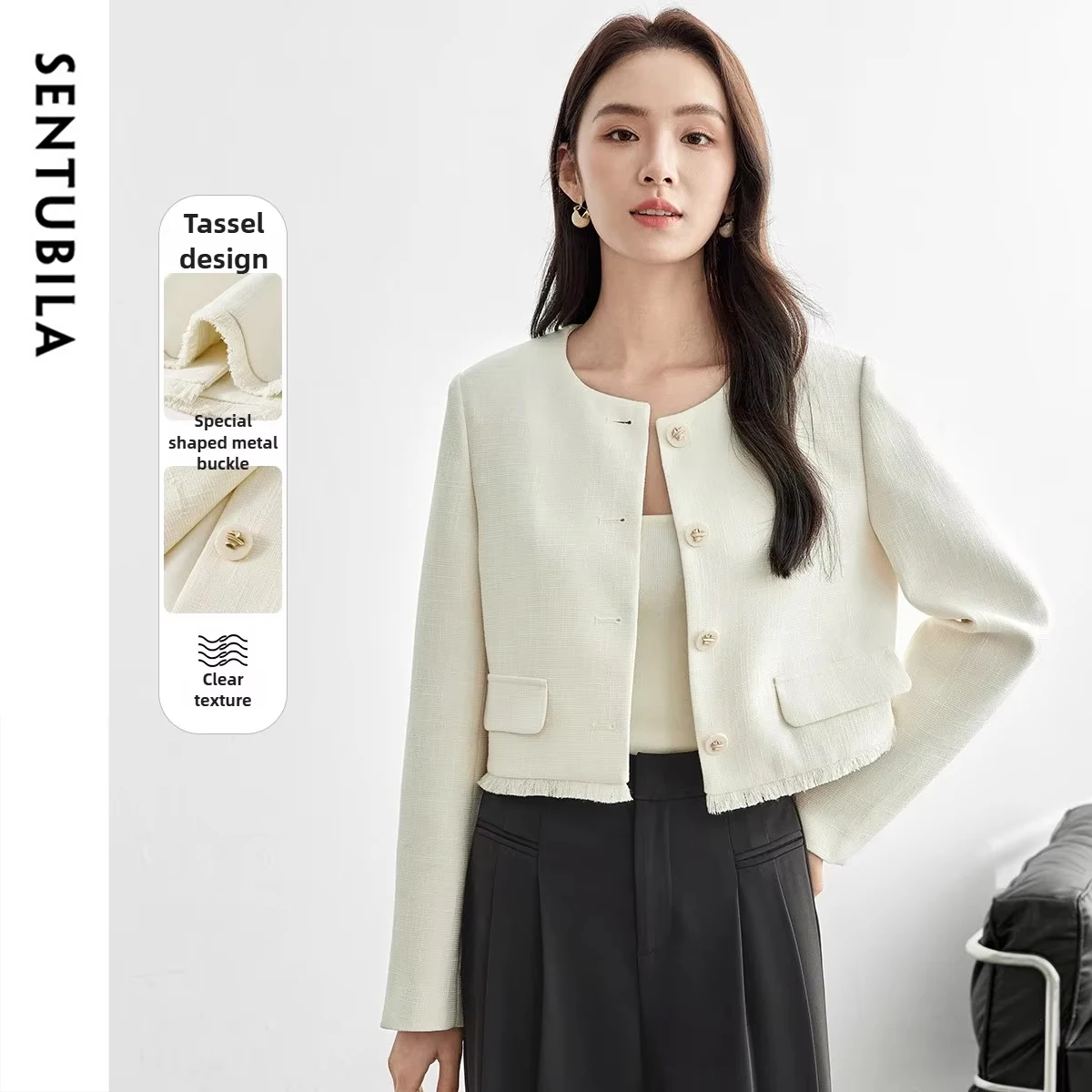 

SENTUBILA Women's Tweed Jacket 2026 Spring Fall Metal Buckle Tassel Short Coat Elegant FashionOuterwear Woman Clothes 151W58260