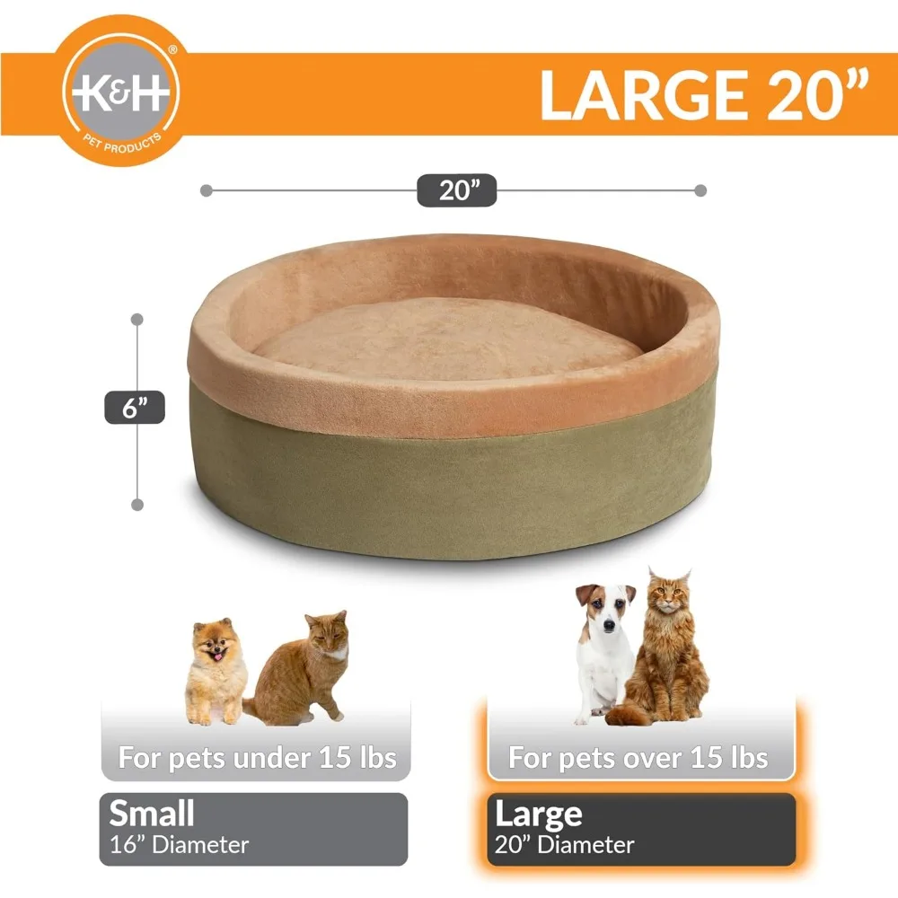 Large Indoor Pet Beds: Calming Warming Pillow, Machine Washable, Removable Heater, Safety Listed - 20" Round Sage/Tan view 2