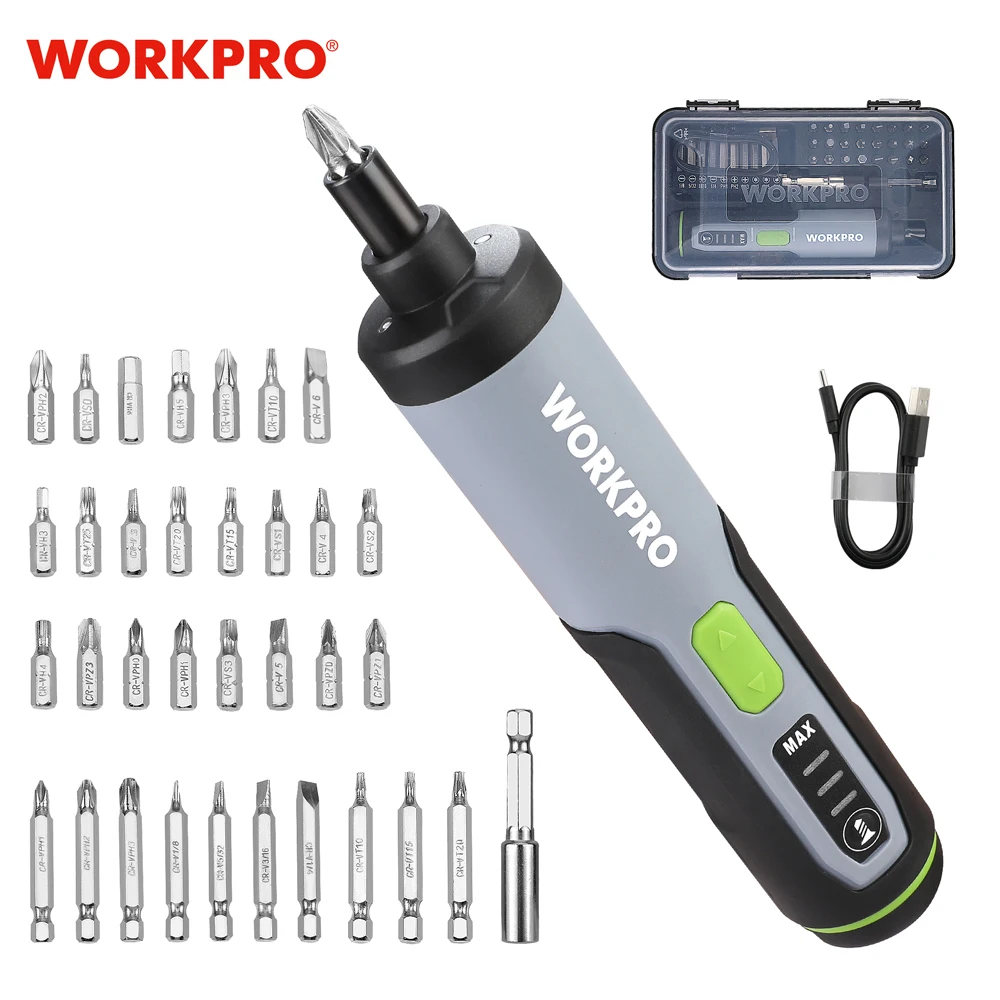 WORKPRO-destornillador eléctrico inalámbrico tipo C, herramientas eléctricas de reparación de carga rápida con luz LED, 3,6 V