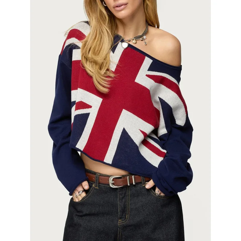 2026 American Retro Union Jack Short Sweater Women's Loose Lazy Slouchy Off-Shoulder Flirty Knit Pullover Top