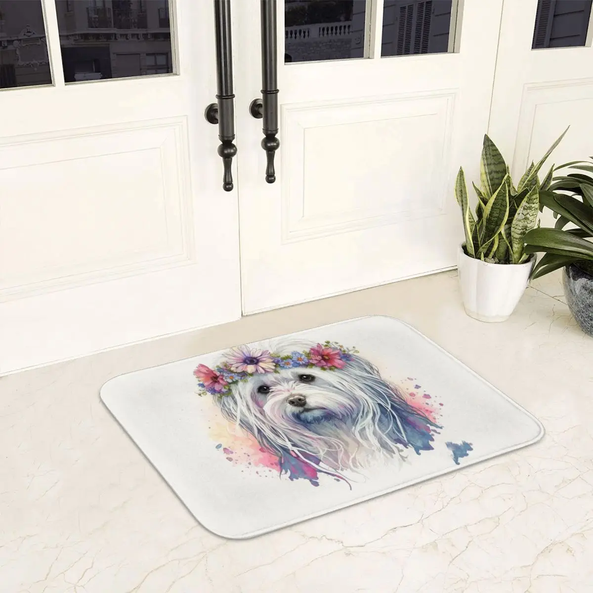 Maltese Dog Floral Crown Art Doormat Anti-skid Super Absorbent Bath Mats Home Entrance Rugs Kitchen Bedroom Carpet Footpad