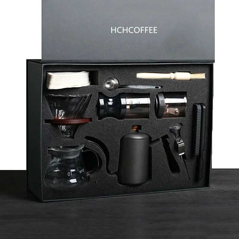 Sample Available 8pcs gift set outdoor travel drip coffee coffee kit with manual coffee grinder filter Kettle pot and spoon