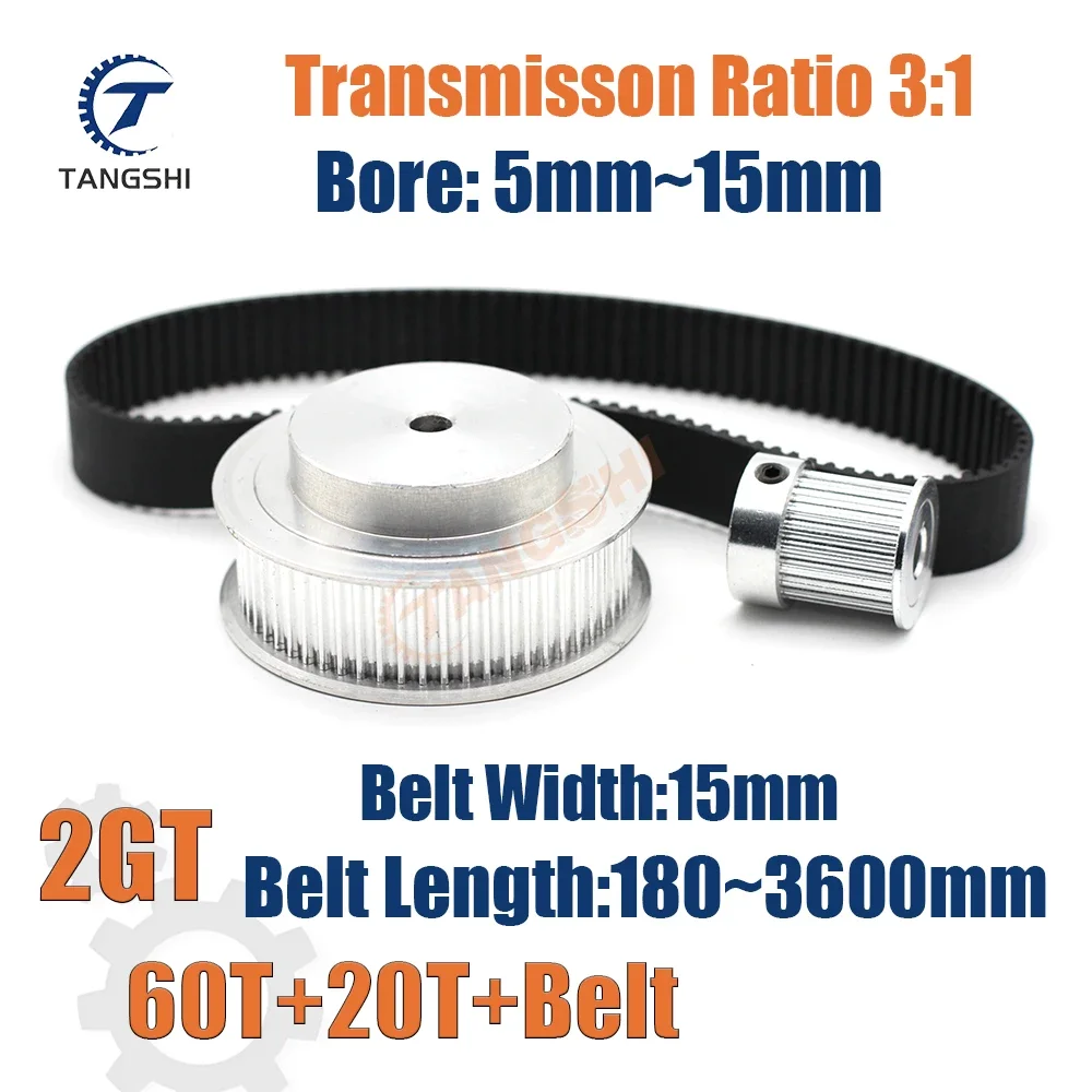 2GT 60 Teeth 20 Teeth Timing Pulley Kit 1:3 Reduction Ratio Width 15mm Tensioning Wheel Synchronous 3D Printer GT2 60T 20T