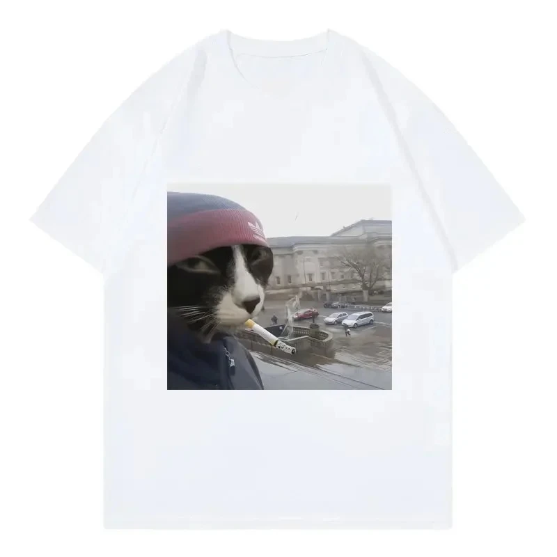 Funny Cat Smoking Face T-shirt High Street Fashion Trend Short Sleeve Casual Women's T-shirt Vintage Summer Streetwear Graphic
