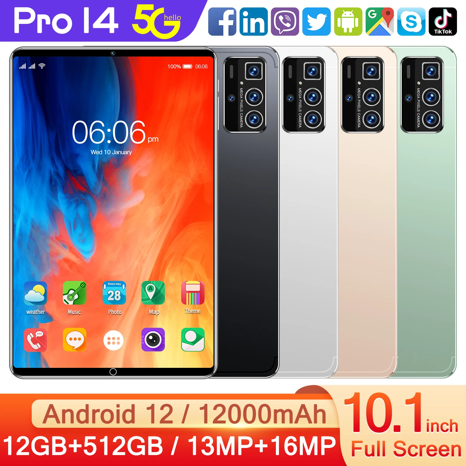 2024 New Pro 14 Tablet 10.1-inch Android Dual SIM Dual Standby Large Screen Bluetooth 5G WIFI GPS Office Highly Popular Tablets