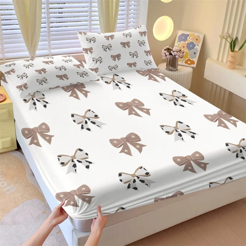 Korean Cream Style Bow Full Wrap Fitted Sheet Set Breathable Anti-pilling Washable Mattress Protector For Bedroom Decor Bedding