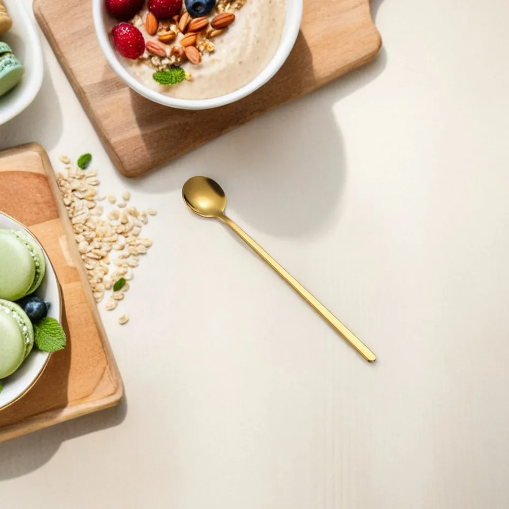 4pcs Stainless Steel Gold Dessert Spoons with Long Handle for Coffee, Espresso, Tea & Hot Chocolate Stirring