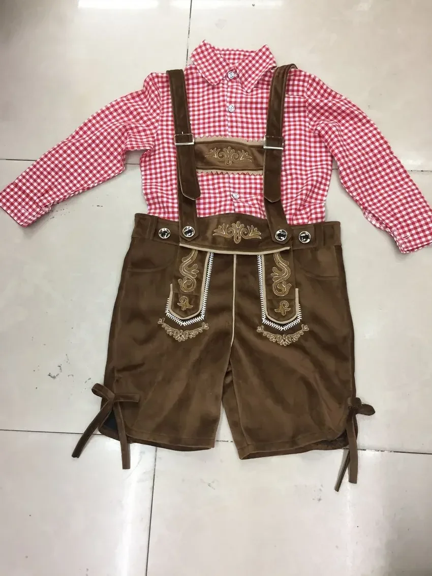 Children Oktoberfest Costume Plaid Lederhosen Bavarian German Beer Festival Fantasia Party Costume For Kids Boy Halloween